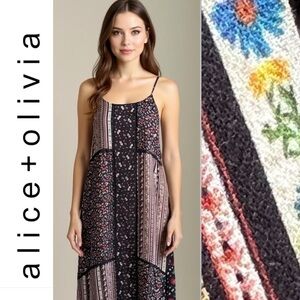 Alice + Olivia Black Mixed Media Patchwork Dainty Daisies Lace Boho Midi Dress